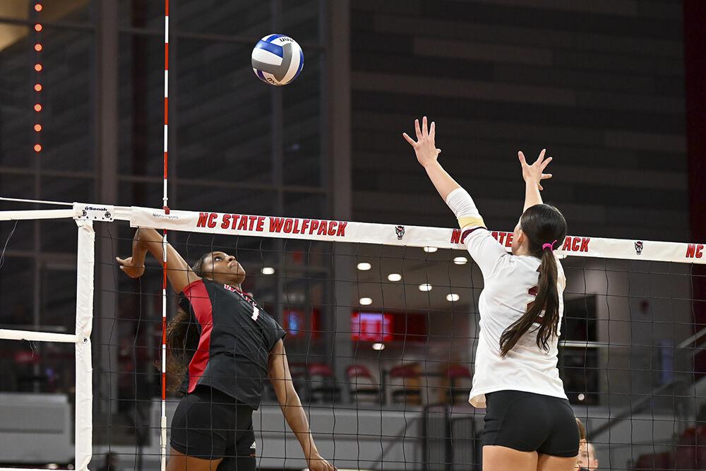Redshirt senior opposite hitter Madison Williams prepares to spike the ball during the match against Boston College in Reynolds Coliseum on Sunday, Nov. 3, 2024. Williams earned six and a half points during the match. NC State lost to Boston College 3-0.