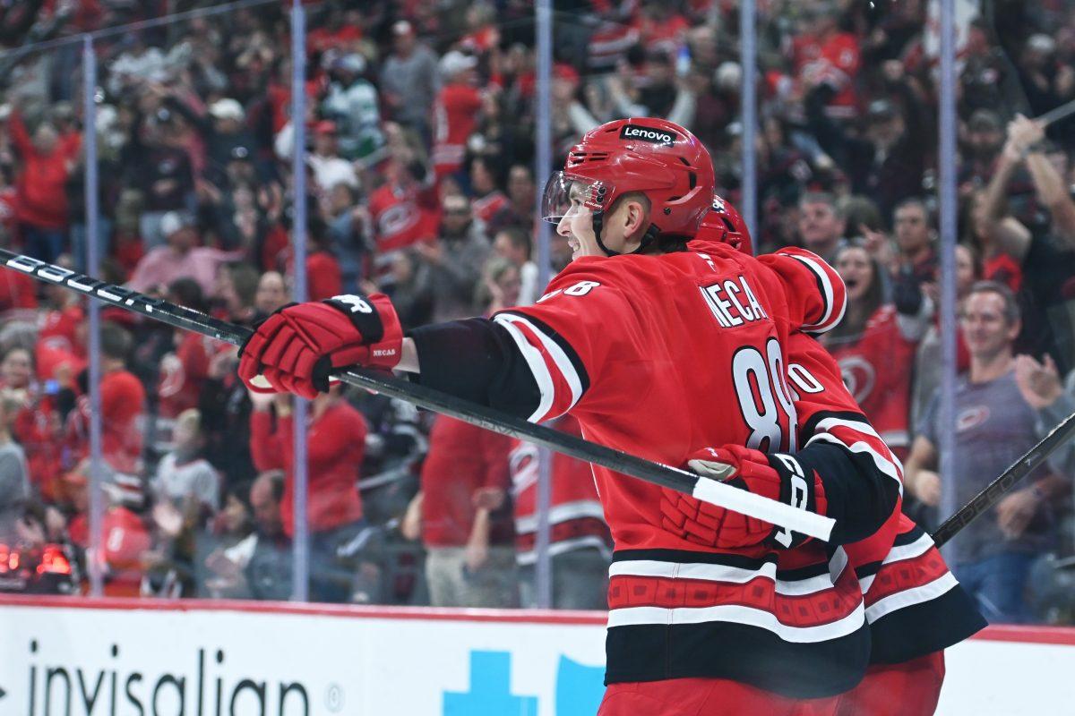 Center Martin Necas celebrates a goal with left wing Eric Robinson during the game versus the Pittsburgh Penguins at Lenovo Center on Thursday, Nov. 7, 2024. Robinson scored one goal for the Hurricanes, assisted by Necas. The Hurricanes beat the Penguins 5-1.