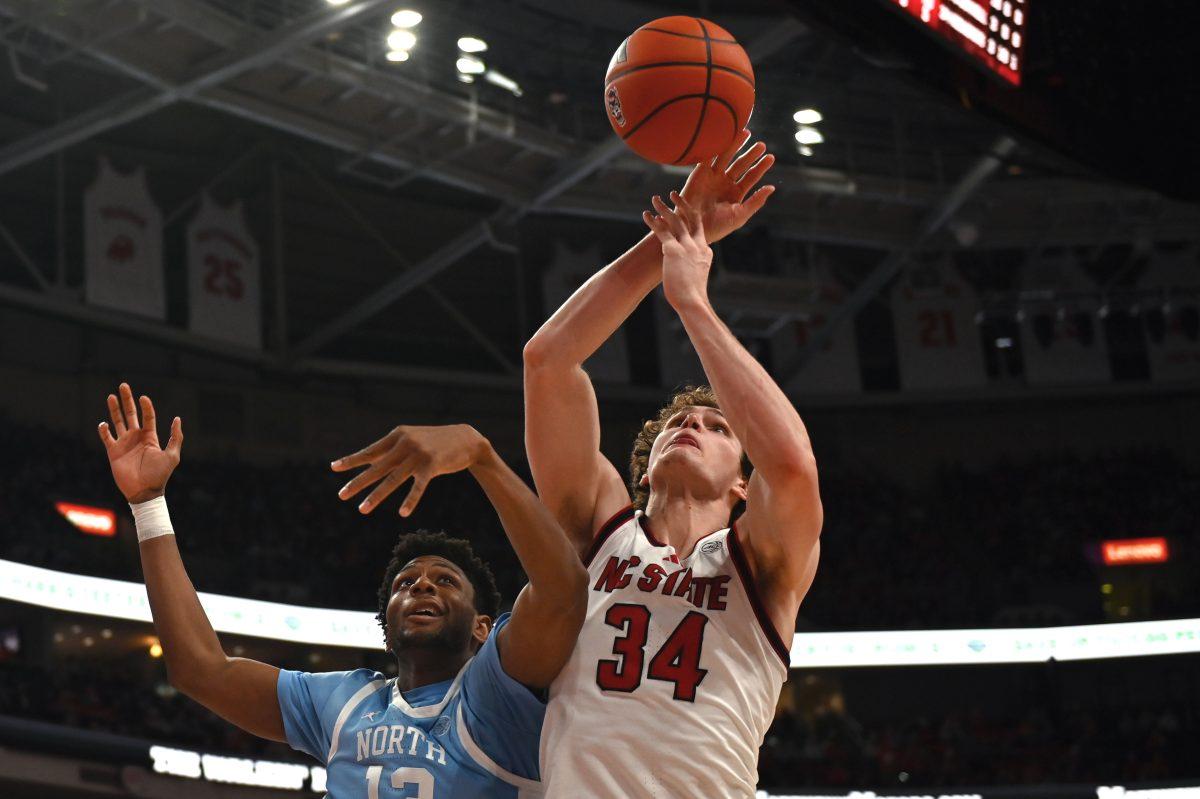 Senior forward Ben Middlebrooks intercepts a rebound during the game against UNC-Chapel Hill on Saturday, Jan. 11, 2025. Middlebrooks scored a total of five points during the game. The Wolfpack was defeated by the Tar Heels 63-61.