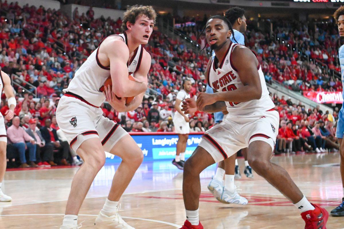 Senior forward Ben Middlebrooks holds onto the ball during the game against UNC-Chapel Hill at the Lenovo Center on Saturday, Jan. 11, 2025. Middlebrooks made 14 rebounds and scored five points. NC State lost 61-63.
