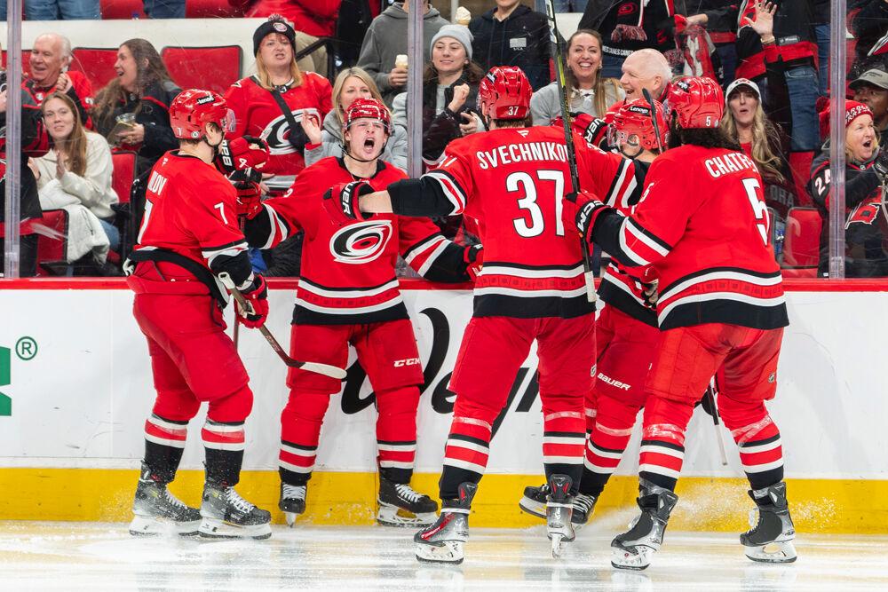 Right Winger Jackson Blake celebrates his goal during the game against the Vegas Knights at the Lenovo Center on Friday, Jan. 17, 2024. The Hurricanes beat the Knights 3-2.