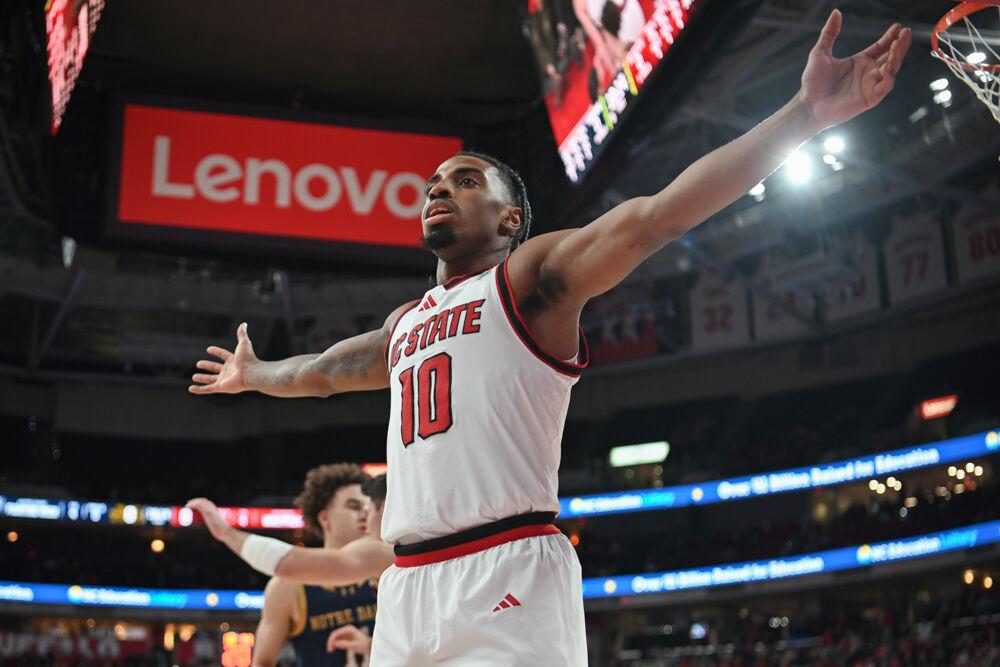 Senior guard Marcus Hill guards the basket in the match against Notre Dame in the Lenovo Center on Wednesday, Jan. 8, 2025. Hill had three rebounds and scored 15 points. NC State beat Notre Dame 66-65.