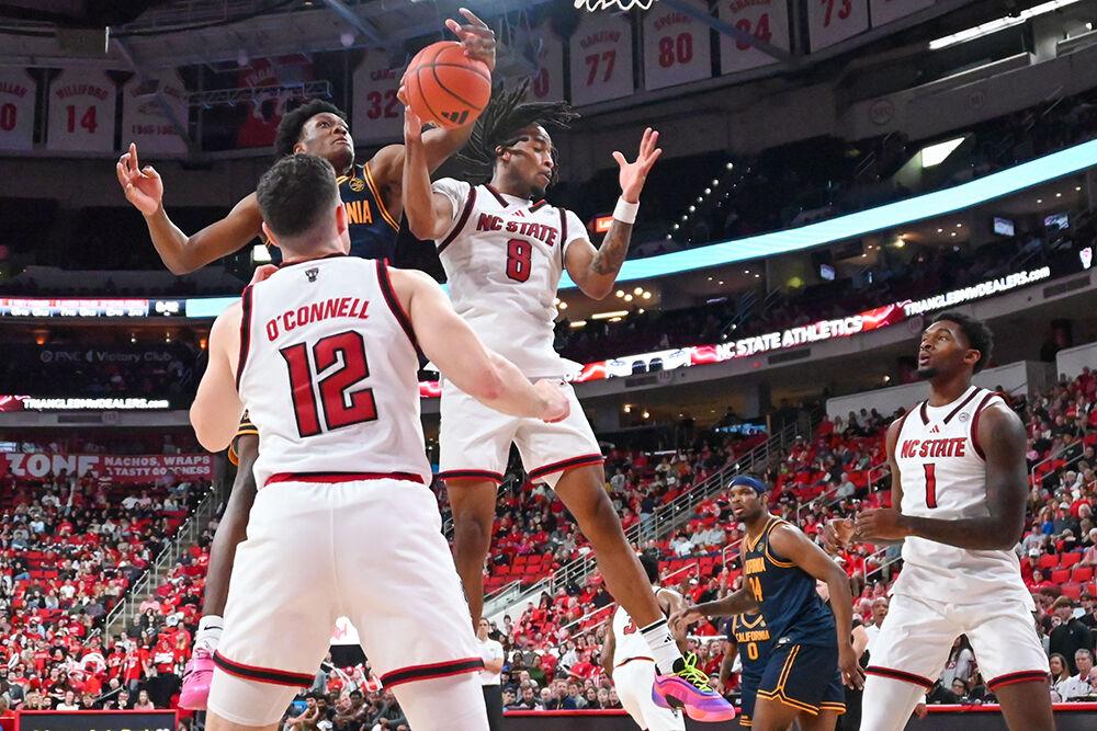 Senior guard Jayden Taylor makes a rebound during the game against California in the Lenovo Center on Saturday, Jan. 18, 2025. Taylor led the team in points, scoring 18 overall. NC State lost the game 65-62.
