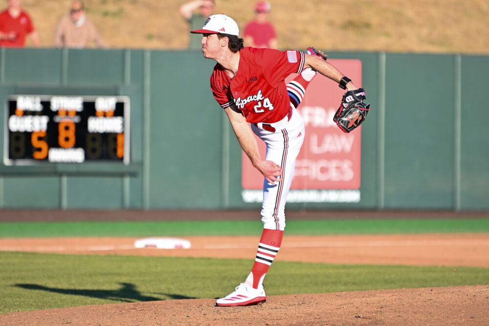Senior pitcher Carson Kelly pitches during the game against Richmond at Doak Field at Dail Park on Tuesday, Feb. 25, 2025. The Wolfpack lost to the Spiders 5-1.