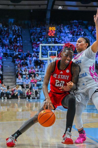 Senior guard Saniya Rivers drives for the basket during the game against UNC-Chapel Hill in Carmichael Arena on Sunday, Feb. 16, 2025. Rivers set a season high with 40 minutes on the court. In Carmichael Arena on Sunday, Feb. 16, 2025. UNC beat NC State 66-65.