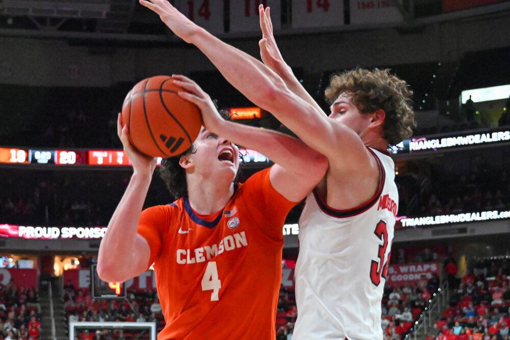 Senior forward Ben Middlebrooks attempts to block an opponent during the game against Clemson in the Lenovo Center on Saturday, Feb. 1, 2025. Middlebrooks made six rebounds and three blocks. The Wolfpack lost to the Tigers 68-58.