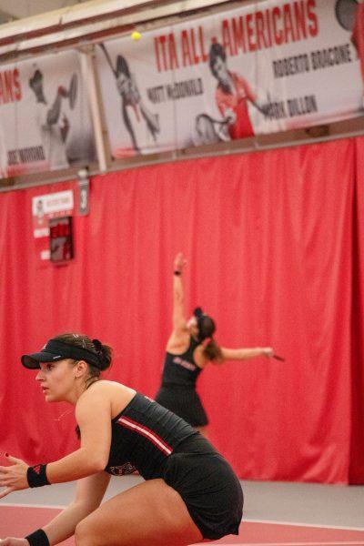 Freshman Michaela Laki and junior Anna Zyryanova during the match against Michigan at J.W. Isenhour Tennis Center on Friday, Feb. 14, 2025. Laki lost her singles match 2-0. Zyryanova lost her singles match 2-1. NC State beat Michigan 5-2.