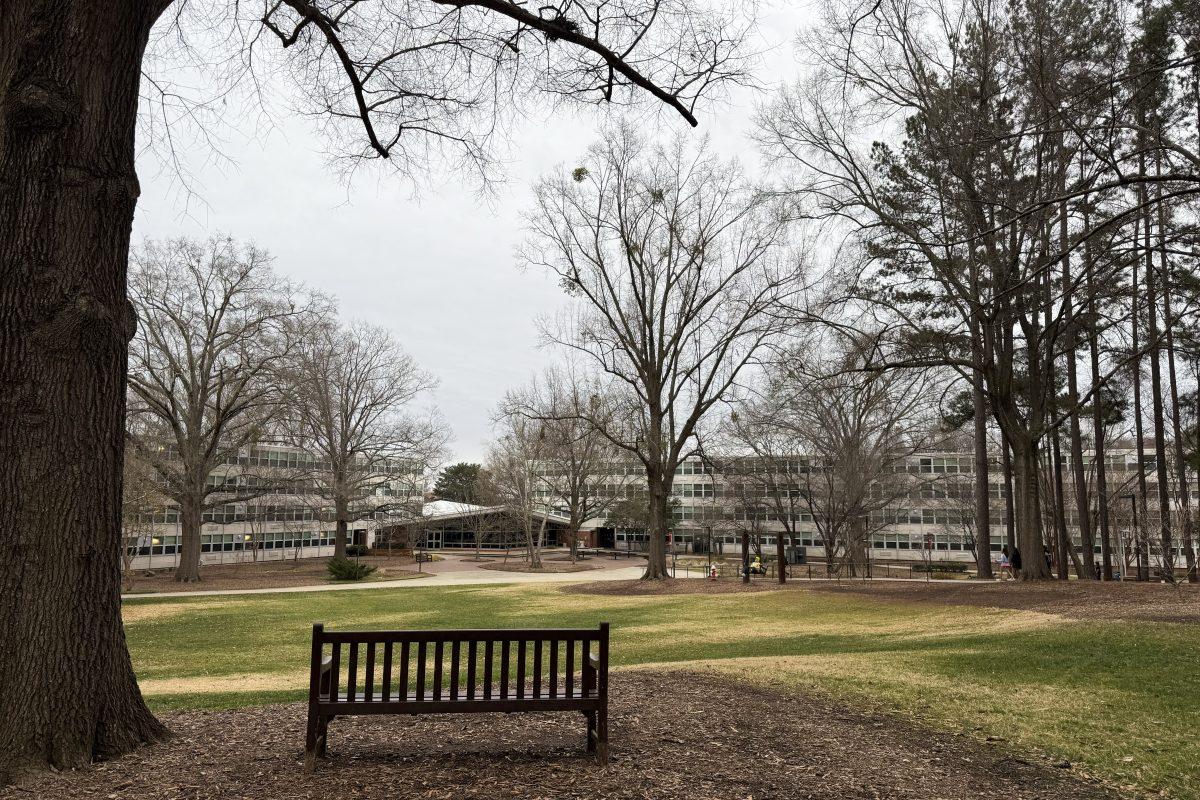 A bench sits in front of Bragaw Residence Hall on Saturday, Feb. 15, 2025. Bragaw Hall, along with Sullivan and Lee Residence Hall, will be demolished in part of the Cates West Development Project.