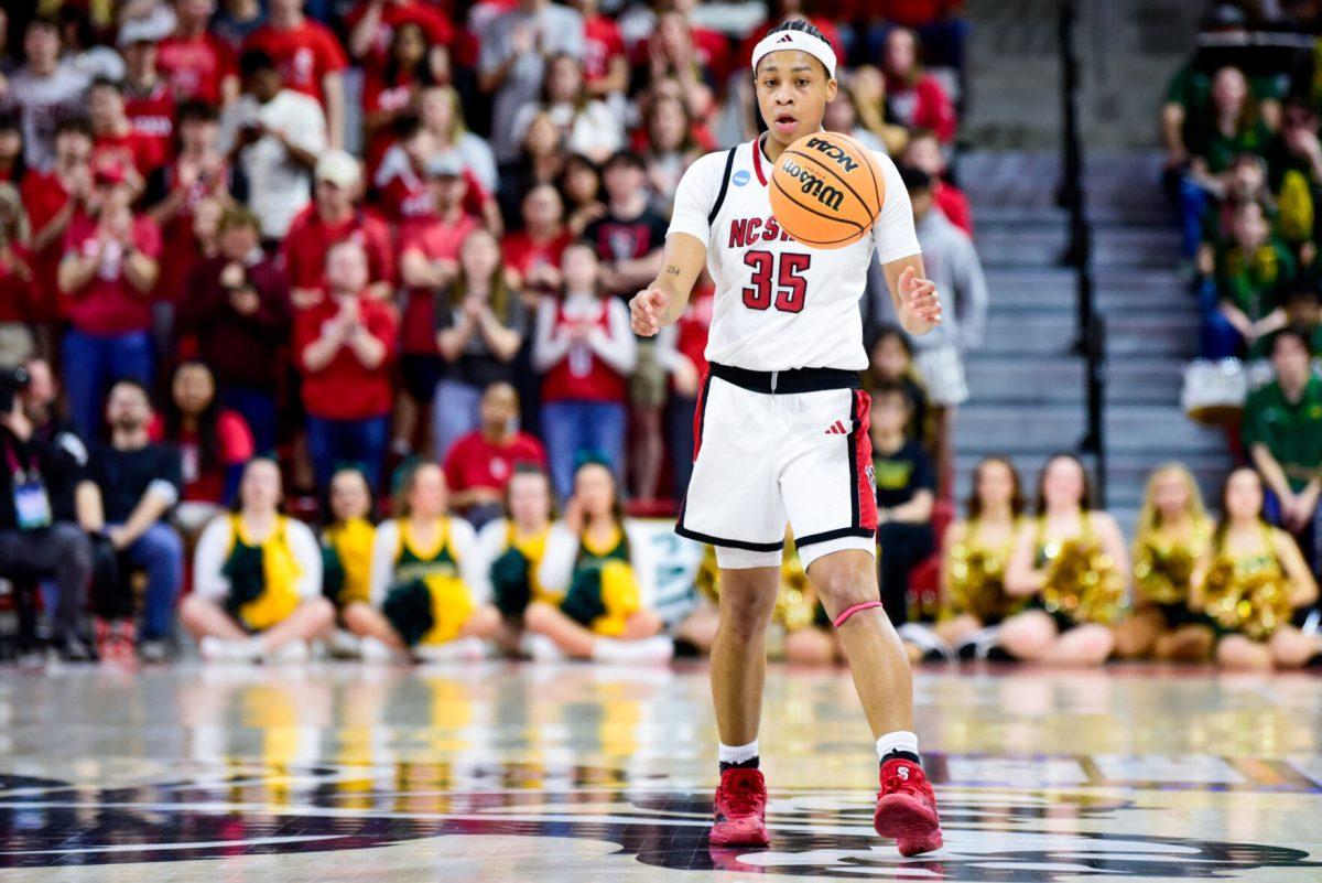 Sophomore guard Zoe Brooks gathers the ball during the game against Vermont in Reynolds Colesium on Saturday, March 22, 2025. Brooks led the team with 19 points. The Wolfpack beat the Catamounts 75-55.