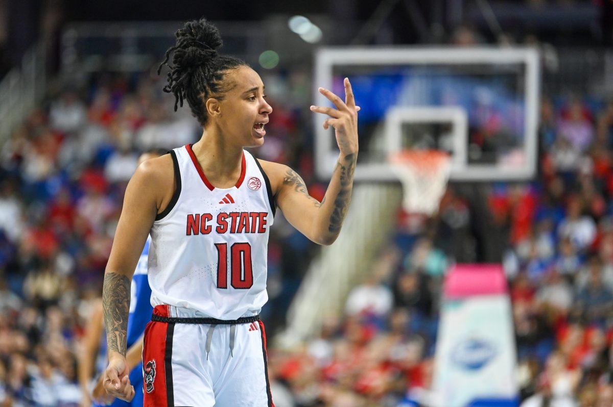 Senior guard Aziaha James expresses frustration to the bench during the championship game of the ACC Tournament against Duke in Greensboro Coliseum on Friday, March 7, 2025. James led the team in points, scoring 18 for the Wolfpack. NC State lost the game 76-62.