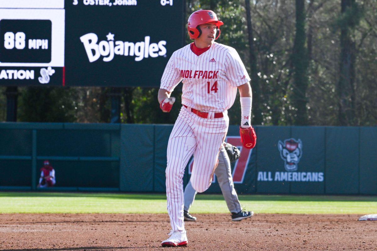 Freshman outfielder Ty Head rounds third base during the game against Campbell on Doak Field at Dail Park on Wednesday, March 5, 2025. The Wolfpack defeated the Fighting Camels 11-1.