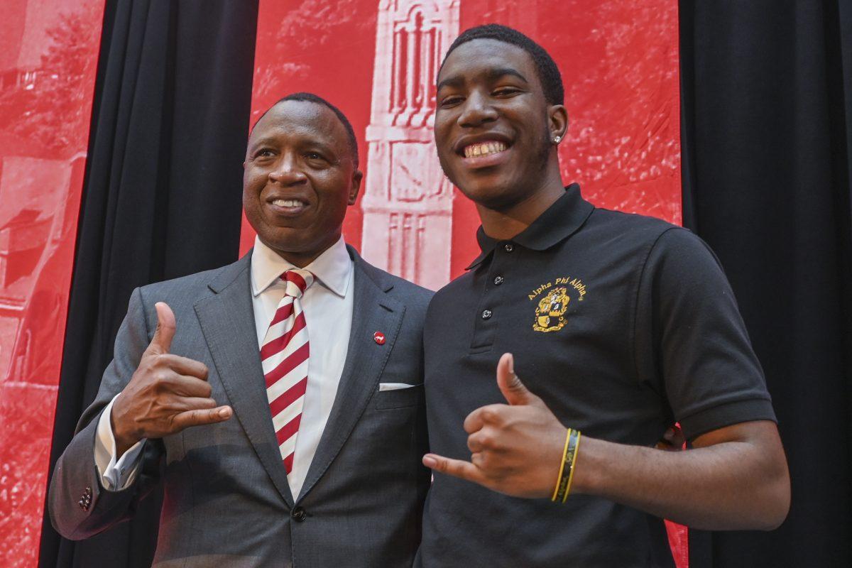 Chancellor-elect Kevin Howell poses for a picture with Kaleb Hall, a fourth-year studying communications, during the new chancellor announcement in Talley Student Union on Tuesday, March 18, 2025. Howell and Hall are both members of the Eta Omicron chapter of Alpha Phi Alpha Fraternity, Inc.