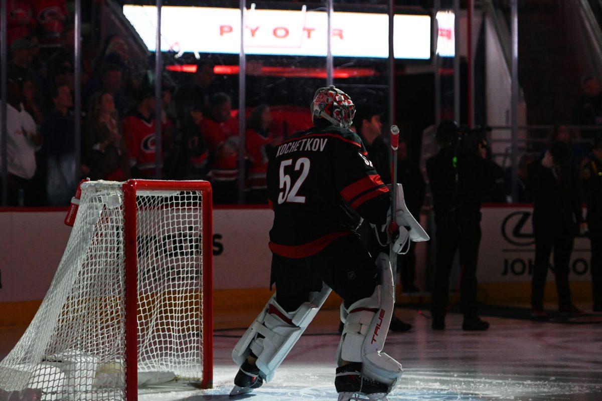 Goalie Pyotr Kochetkov stands in the goal during the starting lineup before the game versus the New York Rangers at the Lenovo Center on Saturday, April 12, 2025. The Hurricanes beat the Rangers 7-3.