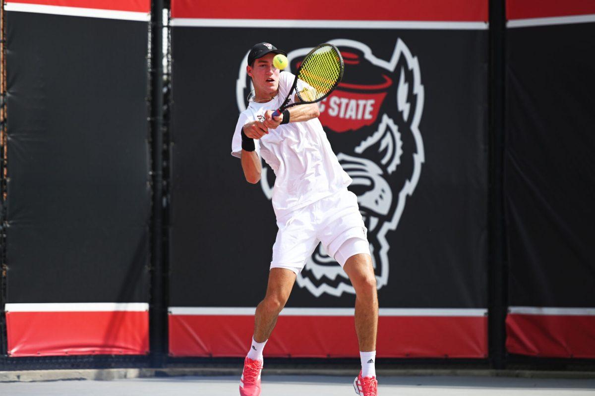 Redshirt freshman William Manning returns the ball during the NCAA first round match versus South Carolina State at J.W. Isenhour Tennis Center on Saturday, May 3, 2025. Manning and Van Sambeek won their doubles match 6-0. The Wolfpack beat the Bulldogs 4-0.