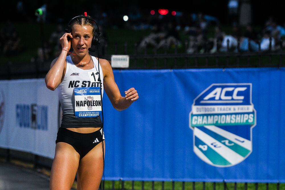 Sophomore distance runner Angelina Napoleon talks in her interview with the ACC Network after winning the women's 3000m steeplechase during the ACC Outdoor Track and Field Championships in Kentner Stadium on Friday, May 16, 2025. Napoleon won the championship with a personal best time of 9:27.85, setting a meet record.