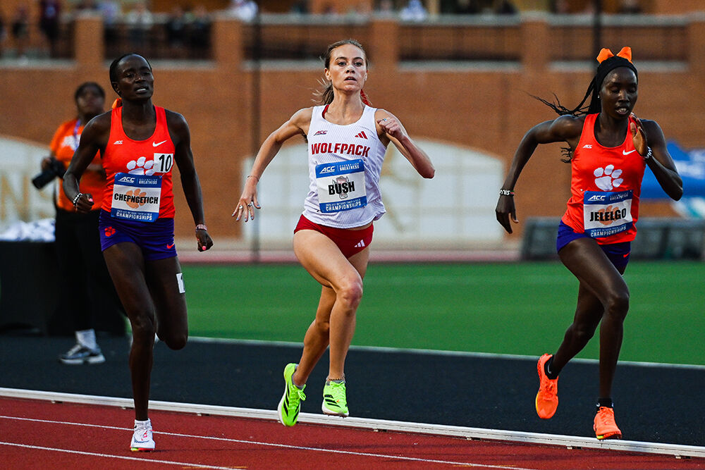 Senior distance runner Sam Bush pushes to the finish line in the women's 1500m during the ACC Outdoor Track and Field Championships in Kentner Stadium on Thursday, May 15, 2025. Bush placed second in her heat and qualified for the finals with a time of 4:21.17.