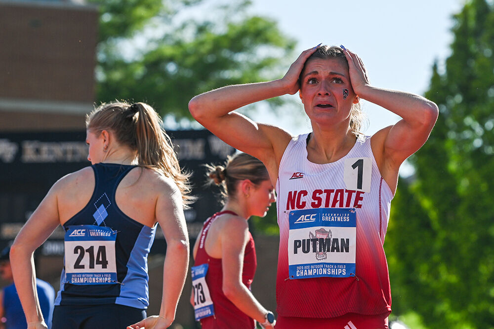 Sophomore distance runner Kate Putman reacts breaking her personal best in the women's 1500m during the ACC Outdoor Track and Field Championships in Kentner Stadium on Saturday, May 18, 2025. Putman placed third with a time of 4:13.01.