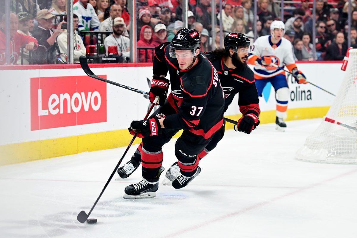 Right wing Andrei Svechnikov gets control of the puck during the game versus the New York Islanders at the Lenovo Center on Sunday, March 30, 2025. The Hurricanes beat the Islanders 6-4.