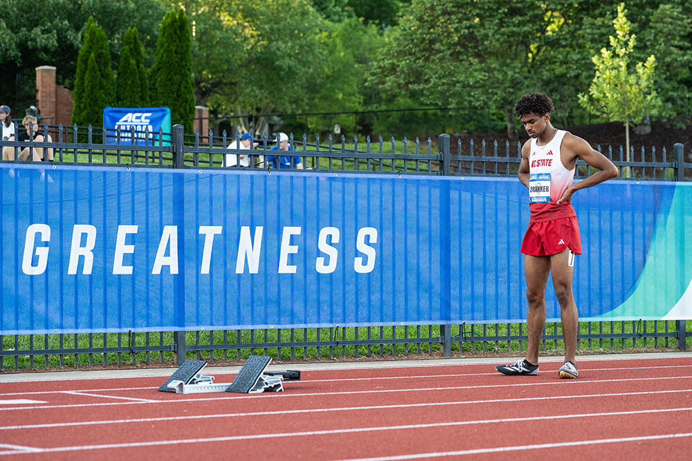 Sophomore hurdler Xavier Branker prepares for the men's 400m hurdles event during the ACC Outdoor Track and Field Championships in Kentner Stadium on Saturday, May 18, 2025. Branker placed second with a time of 49.69, a personal best.