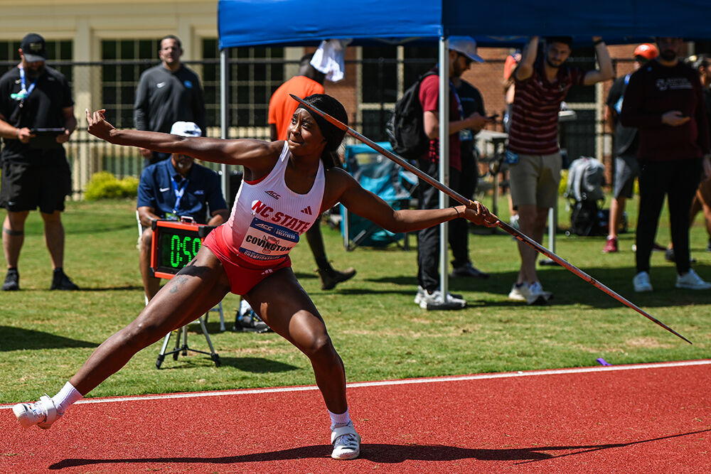 Junior Jakerra Covington throws the javelin during the ACC Outdoor Track and Field Championships in Wake Forest University's Throws Field on Saturday, May 18, 2025. Covington threw a distance of 38.51 meters.