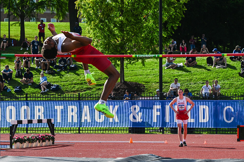 Sophomore jumper Judd Armstrong watches junior jumper Kyzaiah Stone compete in the men's high jump during the ACC Outdoor Track and Field Championships in Kentner Stadium on Saturday, May 17, 2025. Armstrong and Stone jumped 2.01 meters, with Armstrong placing seventh and Stone placed tenth.