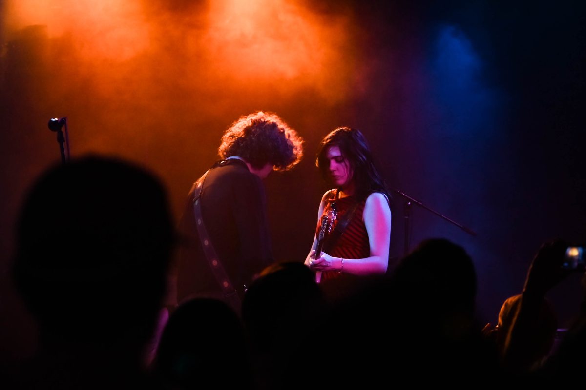 Sunflower Bean members Nick Kivlen and Julia Cumming perform onstage together at Kings on Saturday, May 24, 2025. The band released their latest album on April 25, 2025.