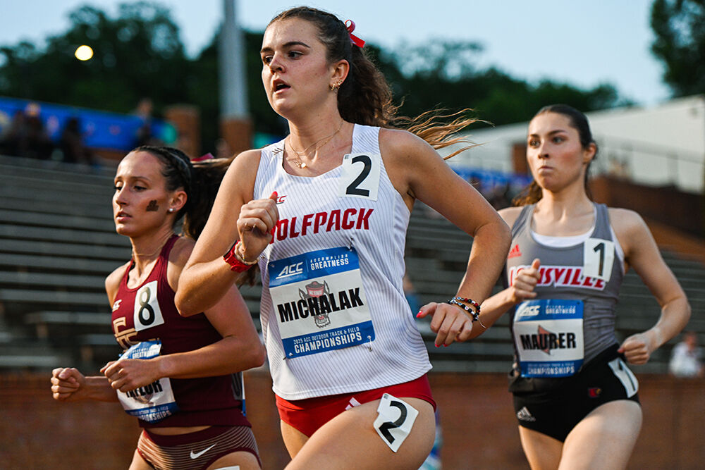 Freshman distance runner Bethany Michalak runs the women's 1500m during the ACC Outdoor Track and Field Championships in Kentner Stadium on Thursday, May 15, 2025. Michalak placed sixth in her heat and ninth overall in the preliminaries with a time of 4:19.47.