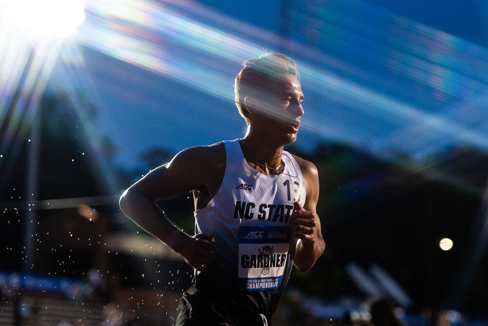 Junior distance runner Brett Gardner runs the men's 3000m steeplechase during the ACC Outdoor Track and Field Championships in Kentner Stadium on Friday, May 16, 2025. Gardner won the championship with a time of 8:40.55.