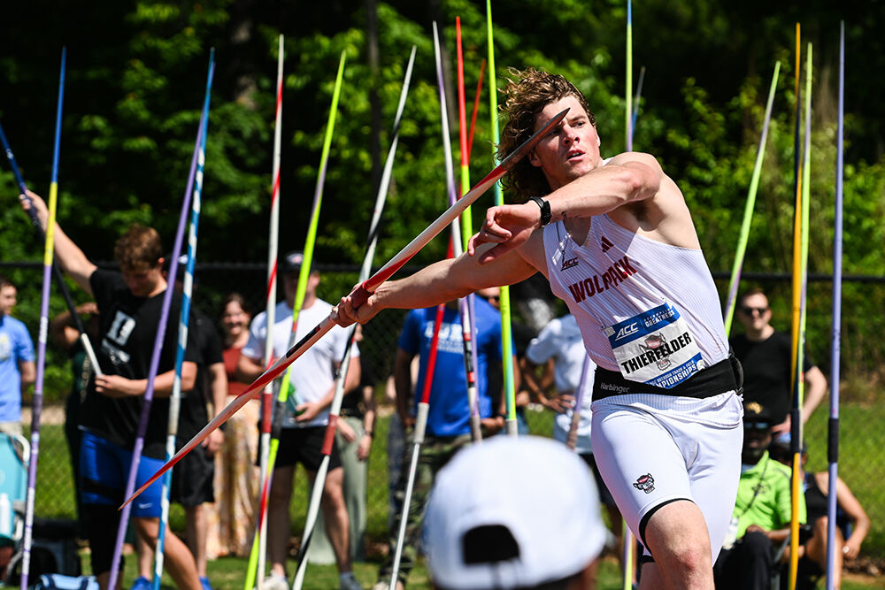 Junior javelin thrower Luke Thierfelder throws the javelin during the ACC Outdoor Track and Field Championships in the Wake Forest University Throws Field on Thursday, May 15, 2025. Thierfelder placed fifth with a distance of 63.16 meters.