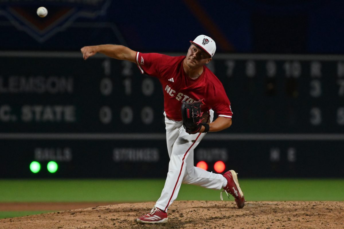 Freshman right-handed pitcher Anderson Nance pitches during the quarterfinals of the ACC Baseball Tournament&#160;against Clemson in Durham Bulls Athletic Park on Thursday, May 22, 2025. In 2.1 innings pitched, Nance recorded five strikeouts and gave up four runs. The Tigers defeated the Wolfpack 7-6 to advance to the semifinals.