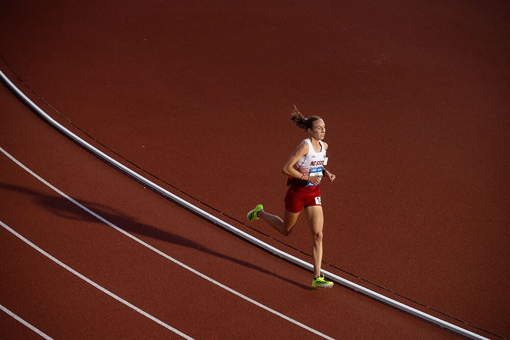 Junior distance runner Grace Hartman runs the women's 5000m during the ACC Outdoor Track and Field Championships in Kentner Stadium on Saturday, May 18, 2025. Hartman won the championship, setting a meet record with a time of 13:12.03.