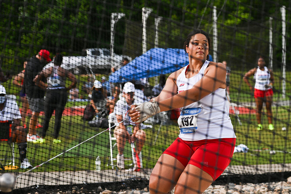 Graduate thrower Makala Wright competes in the women's hammer throw during the ACC Outdoor Track and Field Championships in Wake Forest University's Throws Field on Thursday, May 15, 2025. Wright placed fourth in her flight with a distance of 54.99 meters.