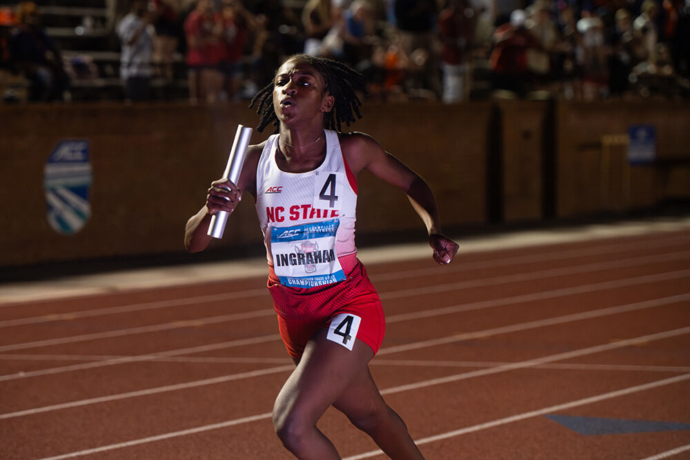 Freshman sprinter Shaune Ingraham runs the final leg of the women's 4x400m relay race during the ACC Outdoor Track and Field Championships in Kentner Stadium on Saturday, May 18, 2025. The NC State women's team ran a season's best of 3:40.56.