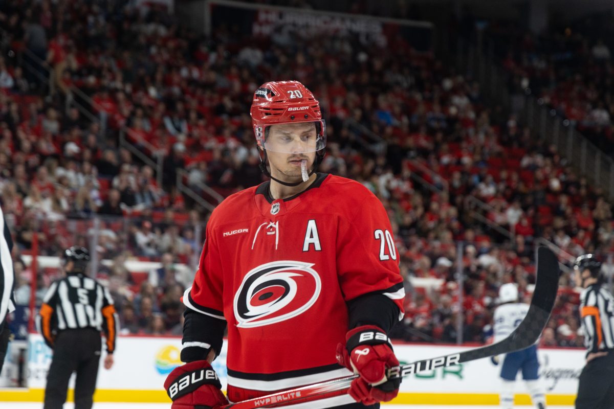 Center Sebastian Aho looks upset during the game versus the Toronto Maple Leafs at the Lenovo Center on Sunday, April 13, 2025. Aho scored one goal in the game. The Hurricanes lost to the Maple Leafs 4-1.