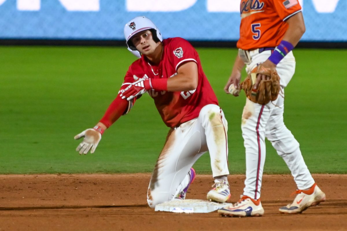Junior outfielder Josh Hogue celebrates at second base during the game against Clemson at Durham Bulls Athletic Park on Thursday, May 22, 2025. Hogue had two hits in four at bats. NC State fell to Clemson 7-6.