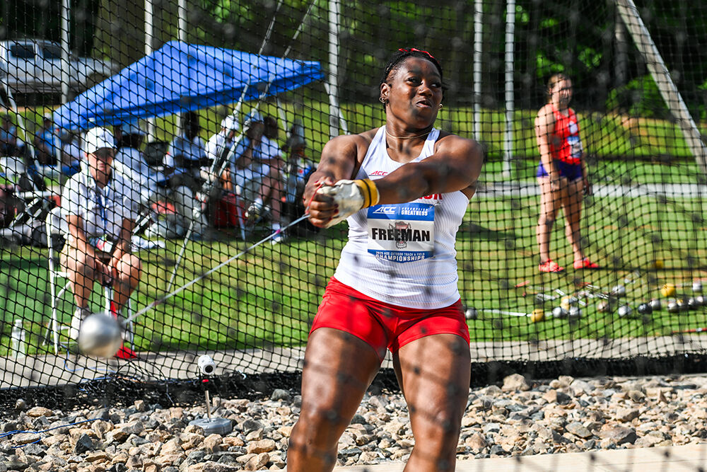 Junior thrower Sydney Freeman competes in the women's hammer throw during the ACC Outdoor Track and Field Championships in Wake Forest University's Throws Field on Thursday, May 15, 2025. Freeman placed third in her flight with a throw of 55.54 meters.