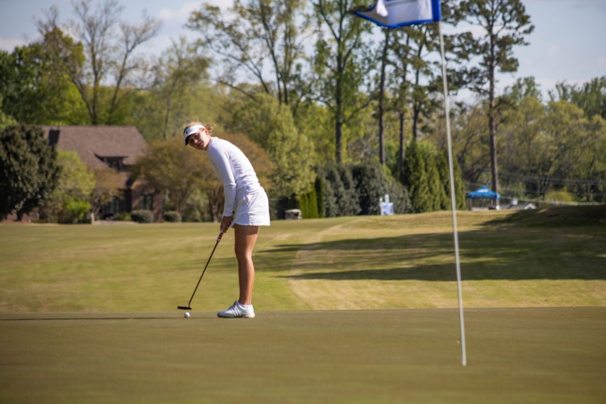 Freshman Marie Eline Madsen hits putt at the 2025 ACC Championship, taking place in Greensboro at Sedgefield Country Club April 16-19. Madsen finished T11 in the tournament.
