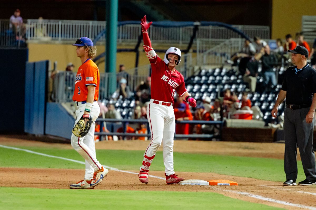 Sophomore Alex Sosa celebrates after getting a hit to score a run during the quarterfinals of the ACC Baseball Tournament&#160;against Clemson at the Durham Bulls Athletic Park on Thursday, May 22, 2025. NC State lost to Clemson 7-6.&#160;