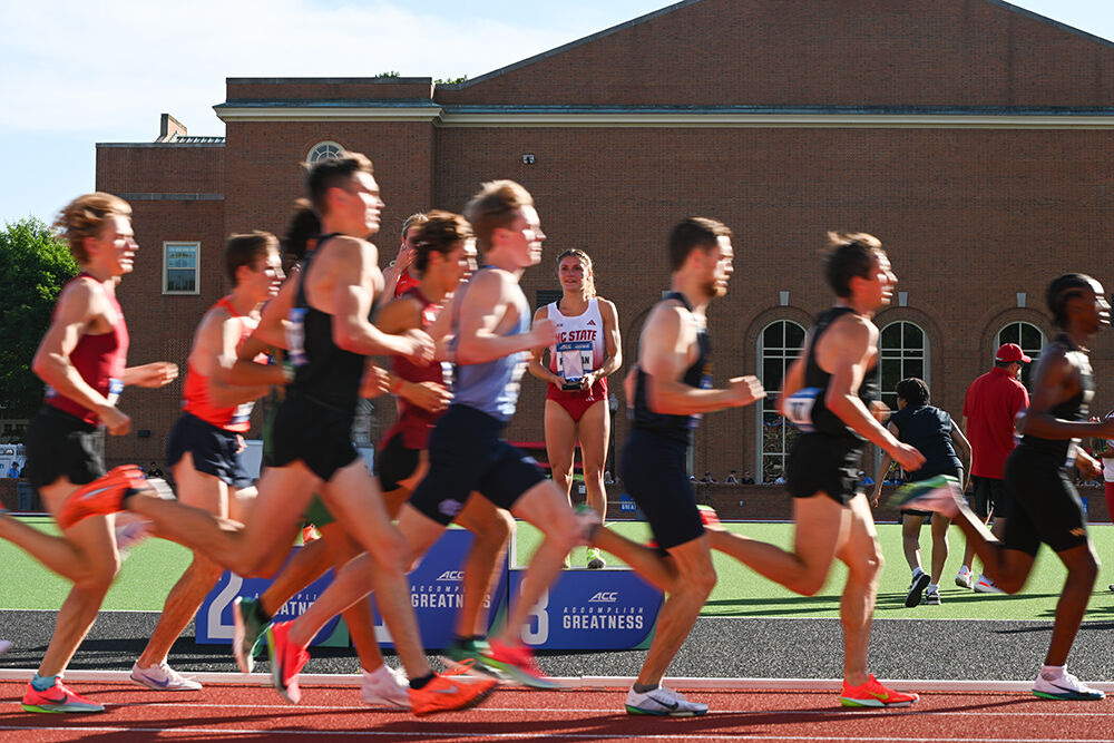 Sophomore distance runner Kate Putman watches the men's 1500m after winning the women's 1500m during the ACC Outdoor Track and Field Championships in Kentner Stadium on Saturday, May 18, 2025. Putman placed third with a personal best time of 4:13.01.