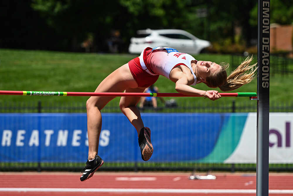Freshman jumper Christian Hackett competes in the women's high jump during the ACC Outdoor Track and Field Championships in Kentner Stadium on Saturday, May 18, 2025. Jenkins jumped a best of 1.62 meters.