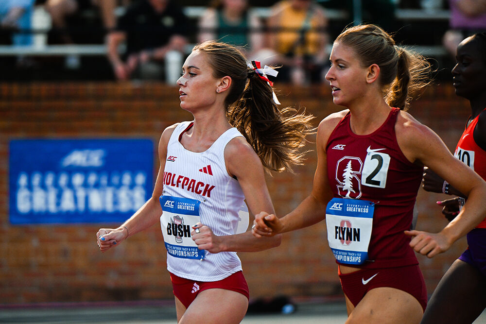 Senior distance runner Sam Bush runs the women's 1500m during the ACC Outdoor Track and Field Championships in Kentner Stadium on Thursday, May 15, 2025. Bush placed second in her heat with a time of 4:21.17.