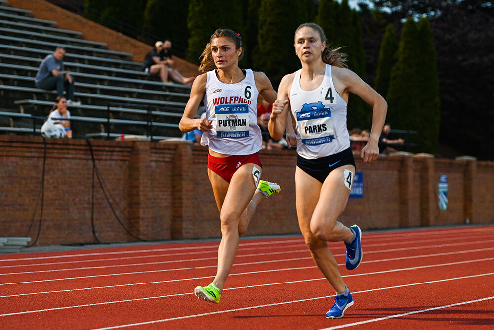 Sophomore distance runner Kate Putman pushes past her opponent in the women's 1500m during the ACC Outdoor Track and Field Championships in Kentner Stadium on Thursday, May 15, 2025. Putman placed first overall and qualified for the finals with a time of 4:14.86.