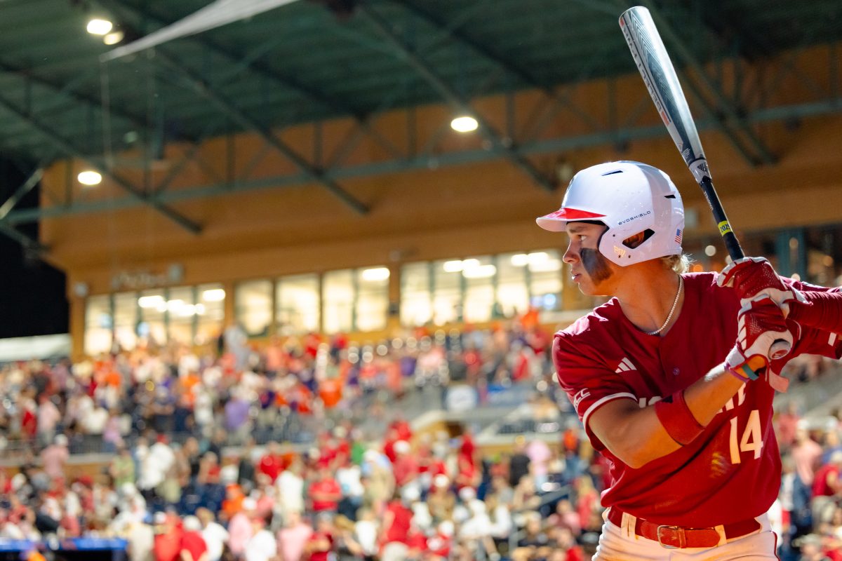 Freshman outfielder Ty Head watches the pitcher before an at-bat during the game against Clemson at the Durham Bulls Athletic Park for the quarterfinals of the ACC Baseball Tournament on Thursday, May 22, 2025. Head recorded three hits and scored one run. NC State lost to Clemson 7-6.
