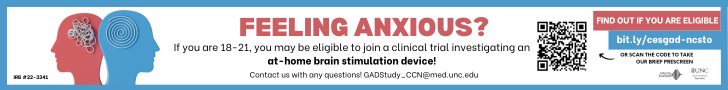 Banner for a clinical trial on anxiety with stylized head images, text on eligibility, and a QR code.