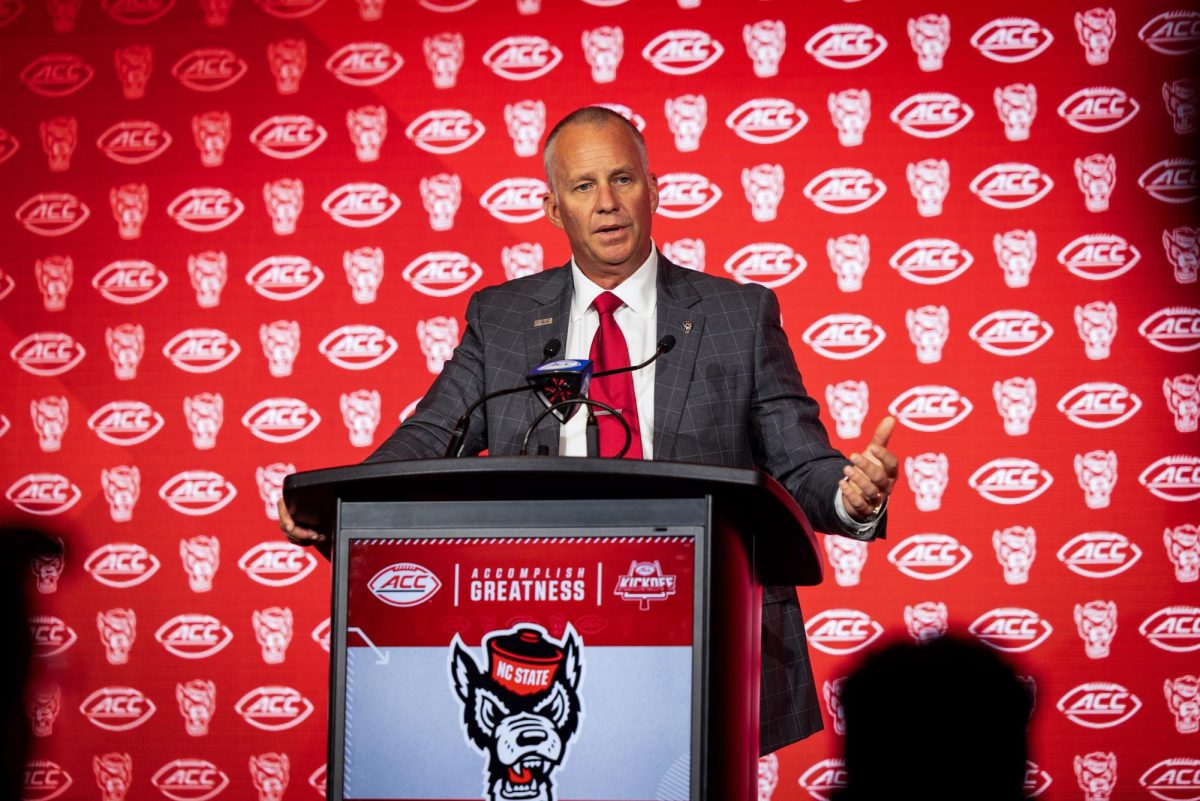 Head coach Dave Doeren speaks to reporters during the 2025 ACC Kickoff event at Hilton Charlotte Uptown on July 24, 2025. Doeren previewed the season along with returning players CJ Bailey, Caden Fordham, Justin Joly, and Brandon Cleveland.