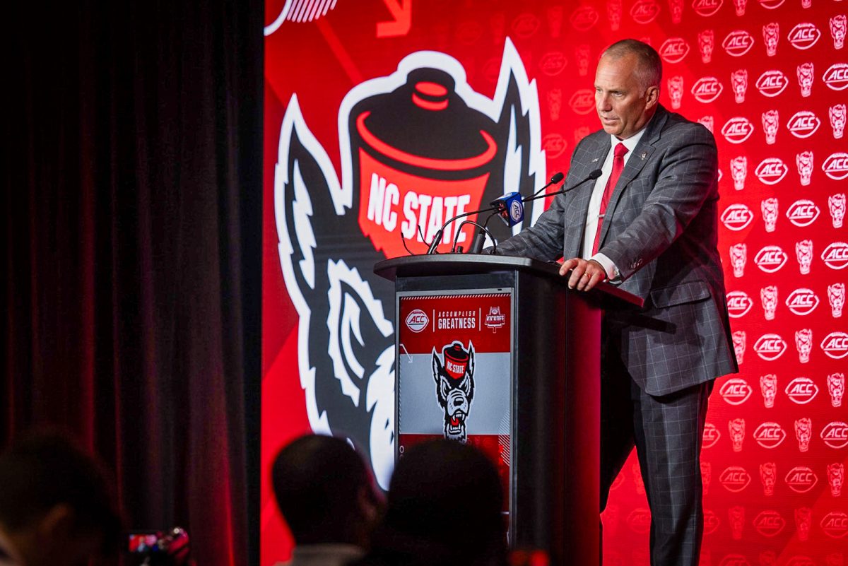 Head coach Dave Doeren speaks to reporters during the 2025 ACC Kickoff event at Hilton Charlotte Uptown on July 24, 2025. Doeren previewed the season along with returning players CJ Bailey, Caden Fordham, Justin Joly, and Brandon Cleveland.
