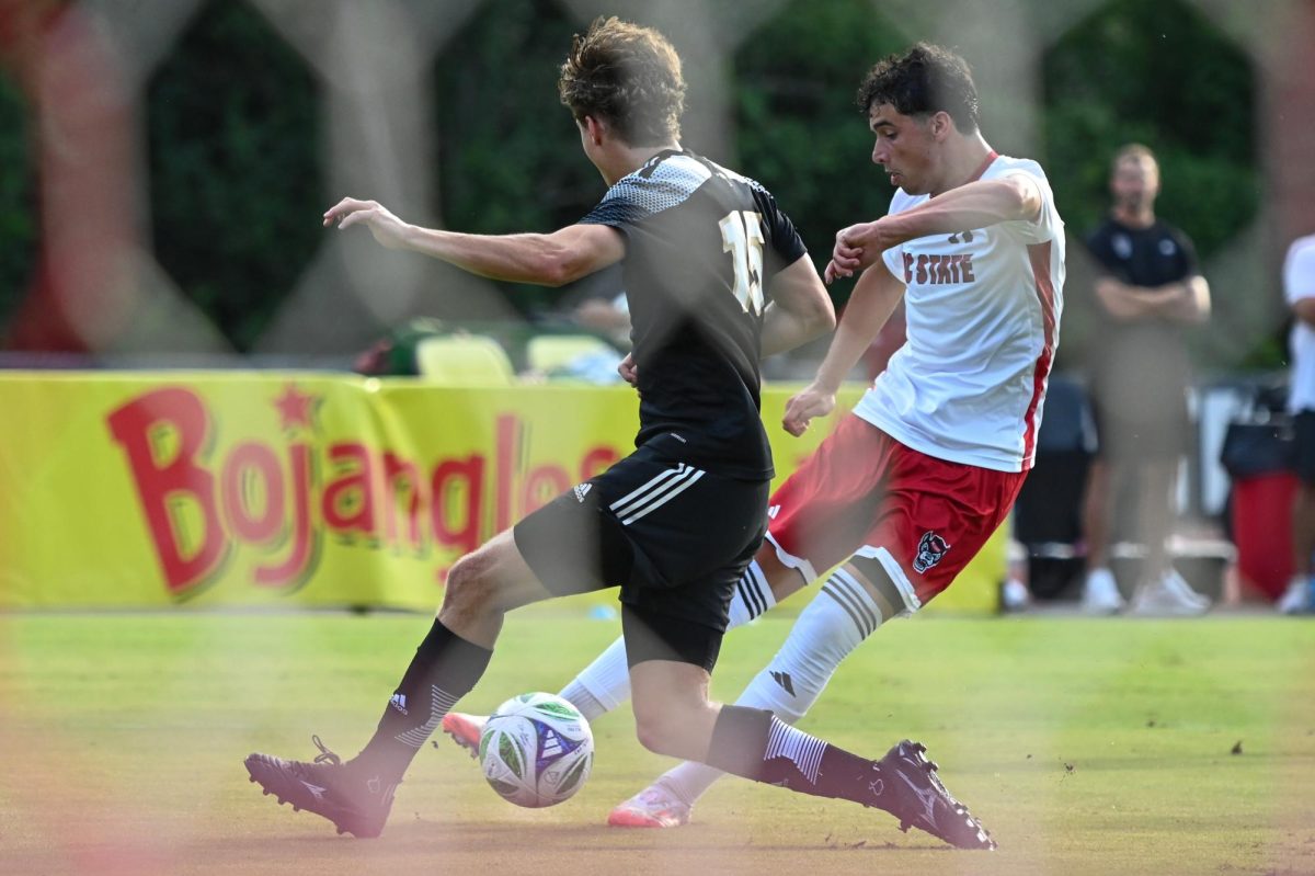 Sophomore forward Frankie DeFrancesco takes a shot on goal during the game against Wofford at Dail Soccer Field on Sunday, Aug. 24, 2025. DeFrancesco had one attempt. NC State beat Wofford 6-0.