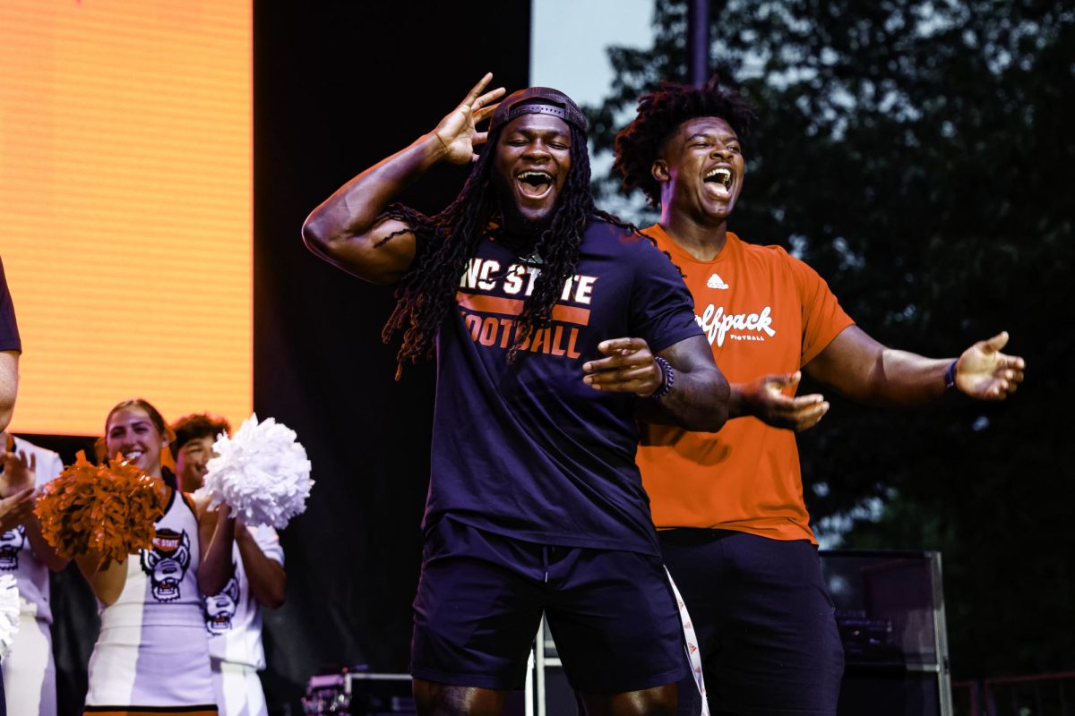 Redshirt senior linebacker Sean Brown hypes up the crowd before the Packapalooza concert on Saturday, Aug. 23, 2025. Brown got the crowd excited while talking about their upcoming game against ECU.