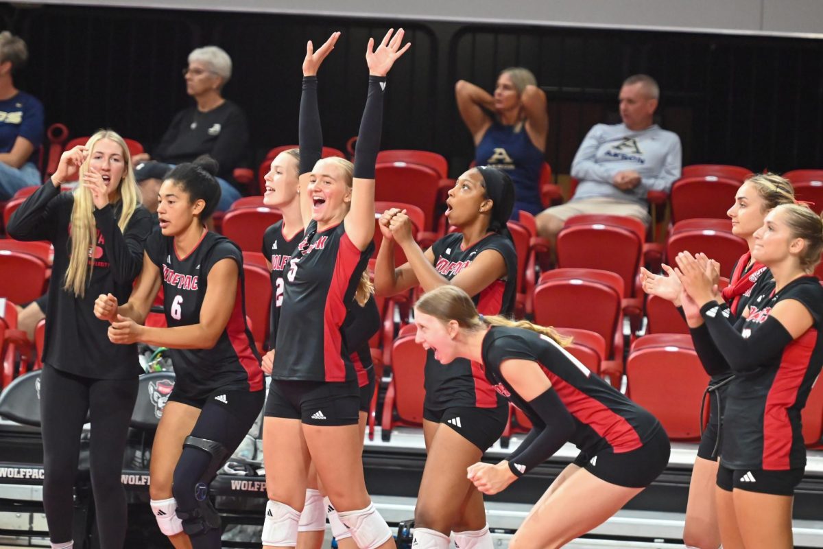 NC State celebrates after scoring a point against Akron in Reynolds Coliseum on Friday, Aug. 29, 2025. NC State beat Akron 3-2.