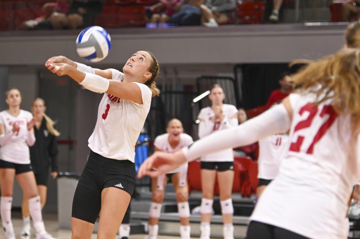 Junior outside hitter Clara Vondran hits the ball during the volleyball match against Green Bay in Reynolds Coliseum on Saturday, Aug. 30, 2025. Vondran had nine kills. NC State beat Green Bay 3-2.